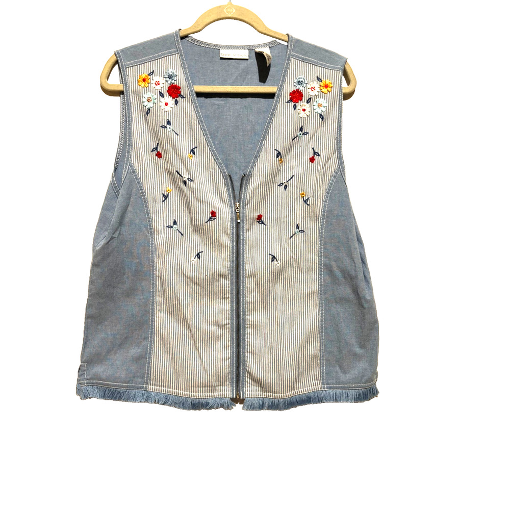 Embroidered Blue Denim Vest Jacket - Sleeveless Zip Front